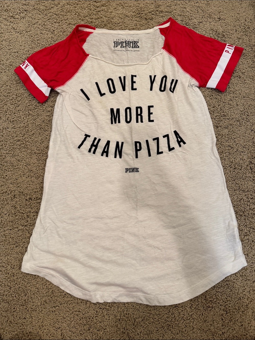 PINK Victoria's Secret White Tee with Red Raglan Sleeves & Graphic